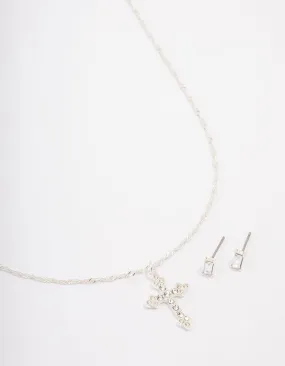 Silver Plated Diamante Cross Pendant Necklace & Stud Earring Set