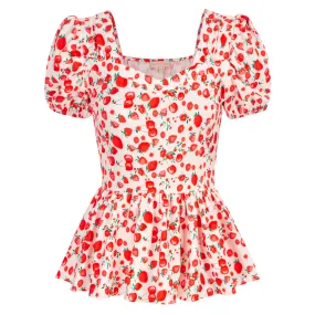 Strawberry Printed Peplum Hem Tops Puffed Short Sleeve Square Neck Tops