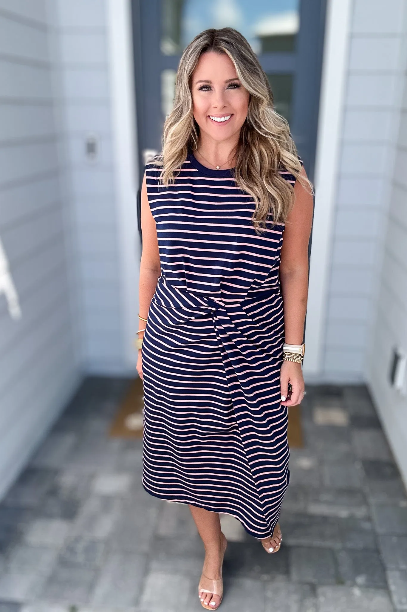 STRIPED TWISTED KNOT MIDI DRESS - Navy   Pink