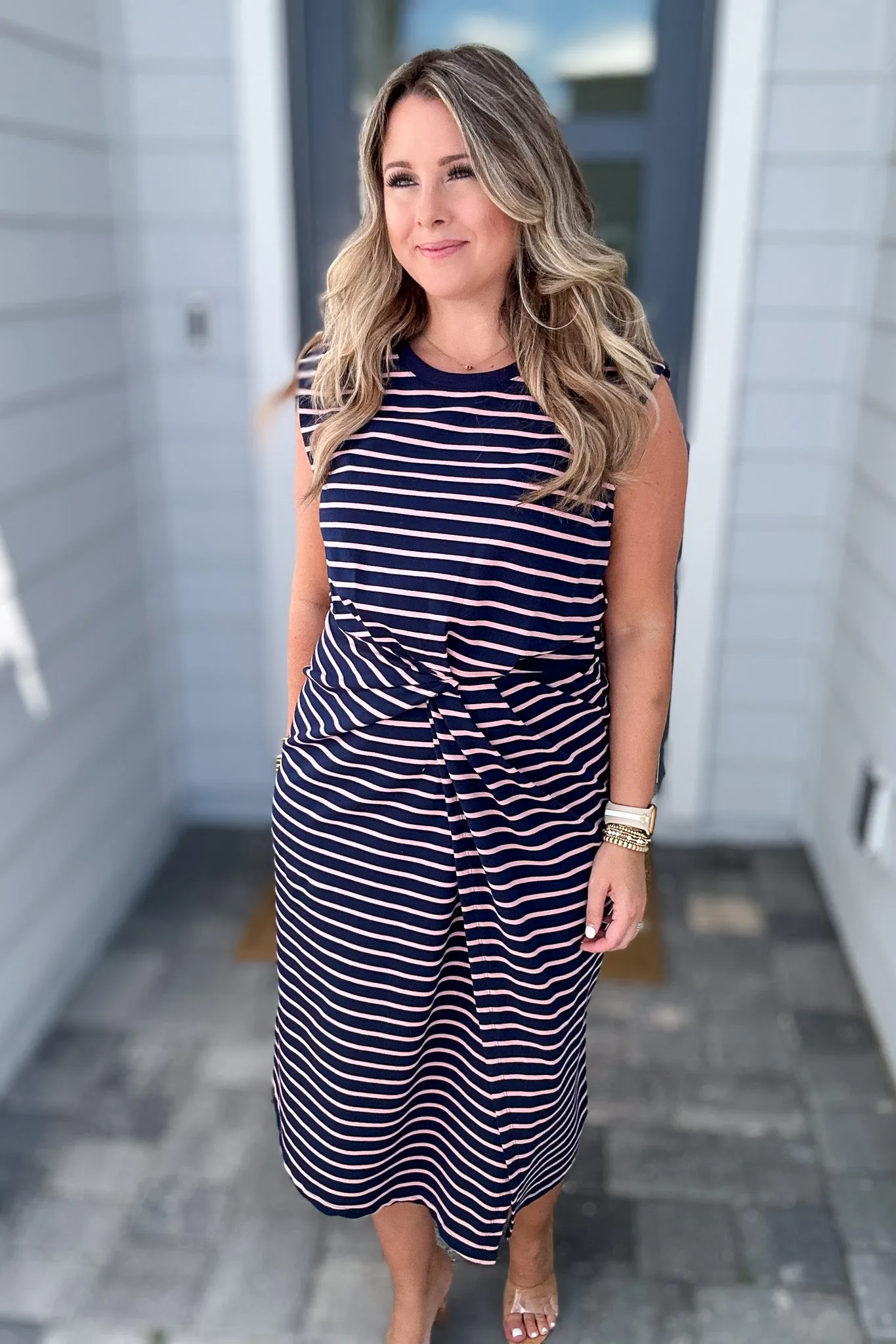 STRIPED TWISTED KNOT MIDI DRESS - Navy   Pink