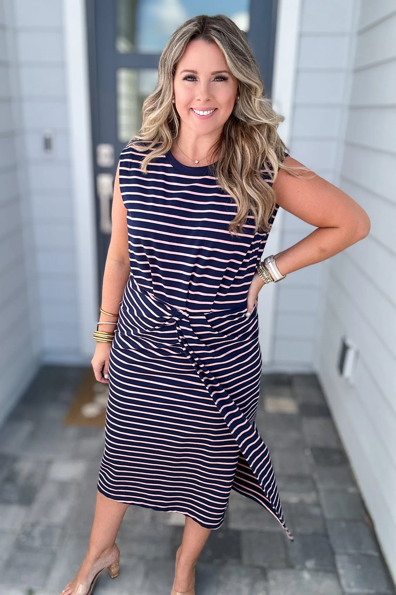 STRIPED TWISTED KNOT MIDI DRESS - Navy   Pink