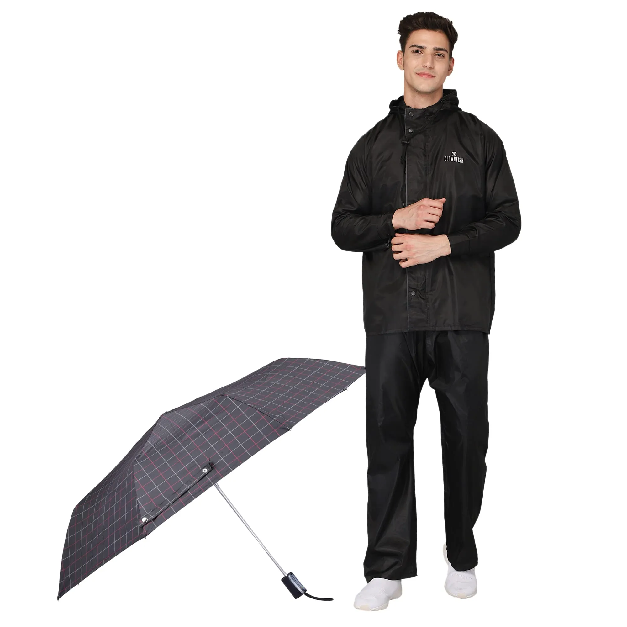 THE CLOWNFISH Combo Of Rain Coat for Men Waterproof Polyester (Black L) Umbrella 3 Fold Waterproof Pongee (Checks Design- Dark Pink)