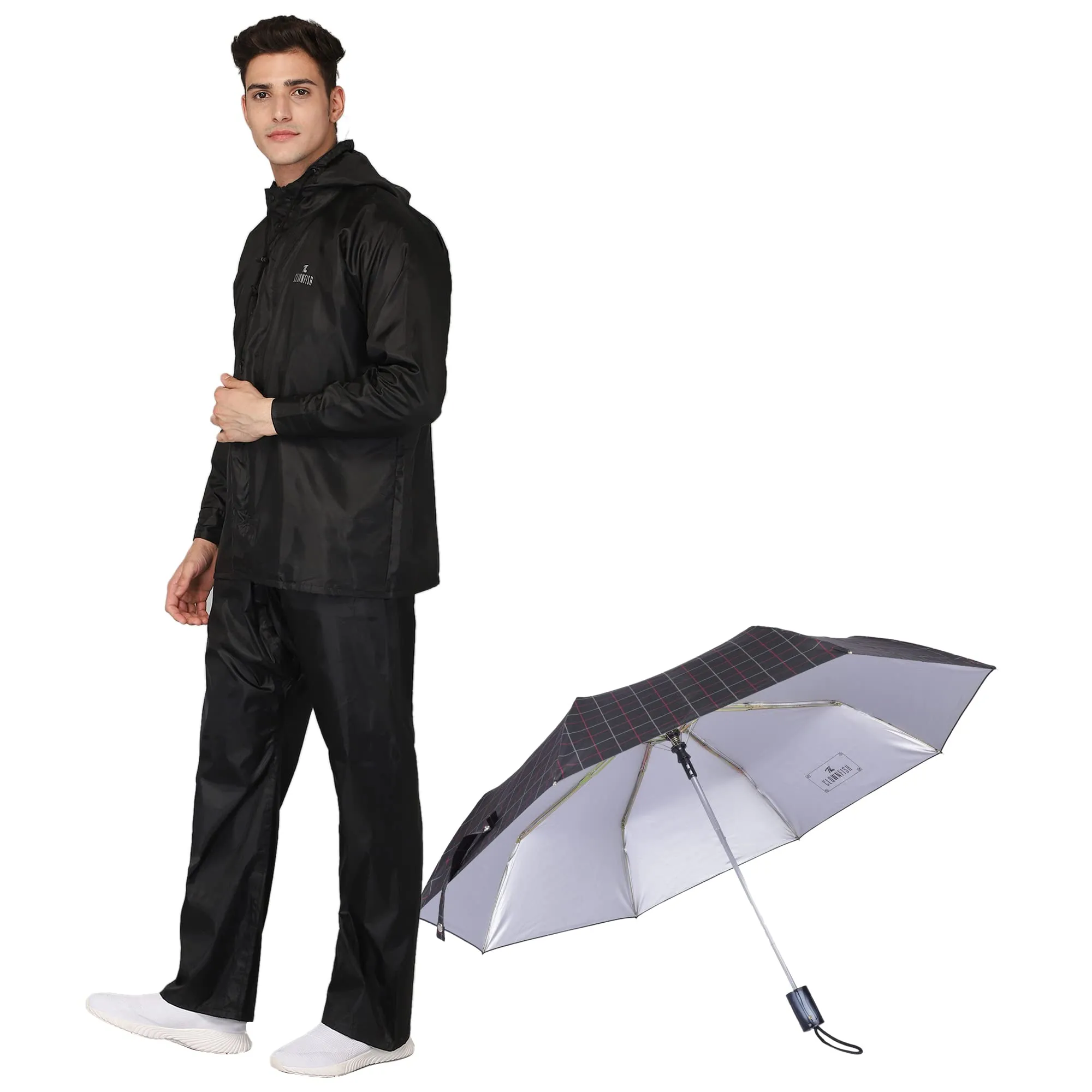 THE CLOWNFISH Combo Of Rain Coat for Men Waterproof Polyester (Black L) Umbrella 3 Fold Waterproof Pongee (Checks Design- Dark Pink)