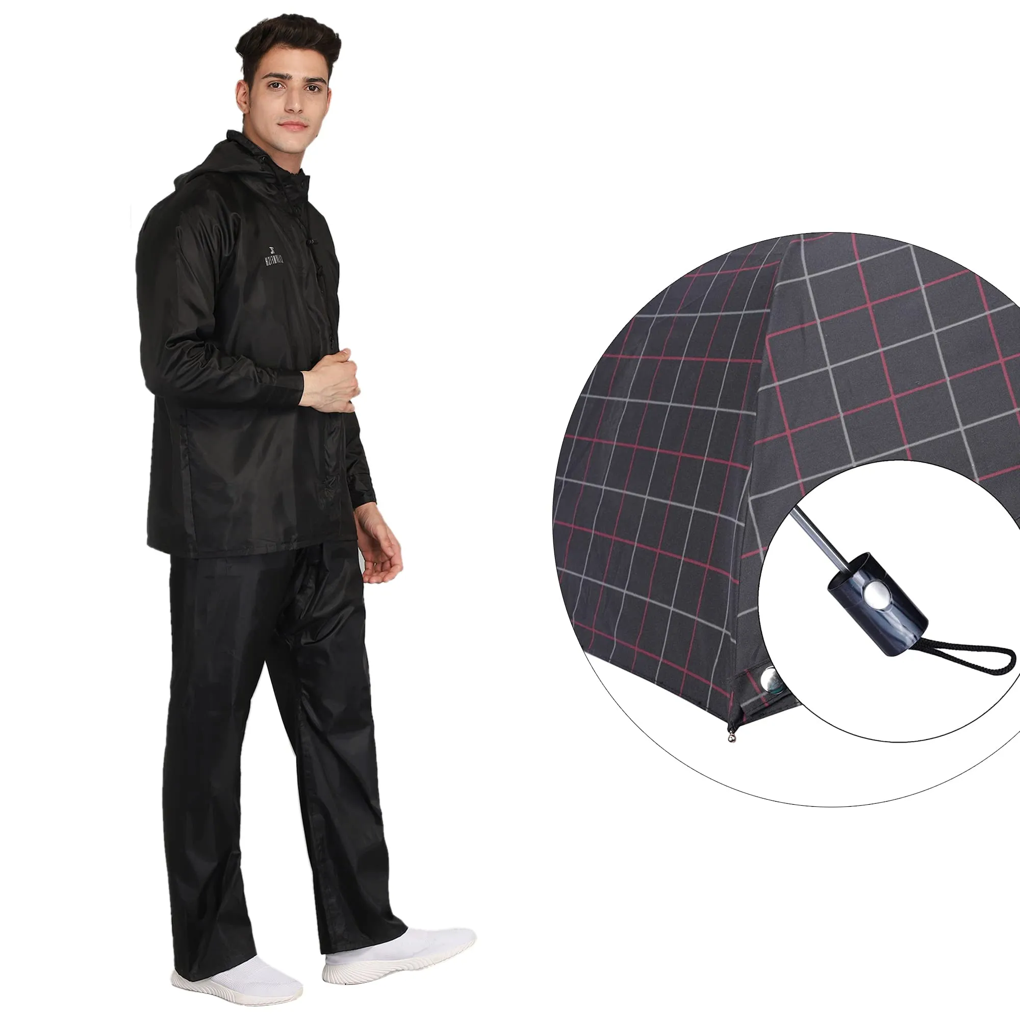 THE CLOWNFISH Combo Of Rain Coat for Men Waterproof Polyester (Black L) Umbrella 3 Fold Waterproof Pongee (Checks Design- Dark Pink)