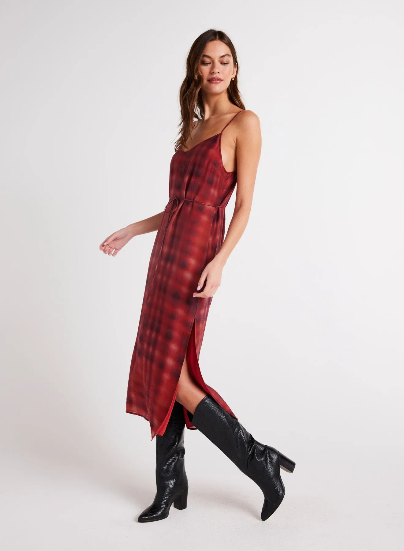 V-Neck Cami Shift Dress - Blurred Plaid Print