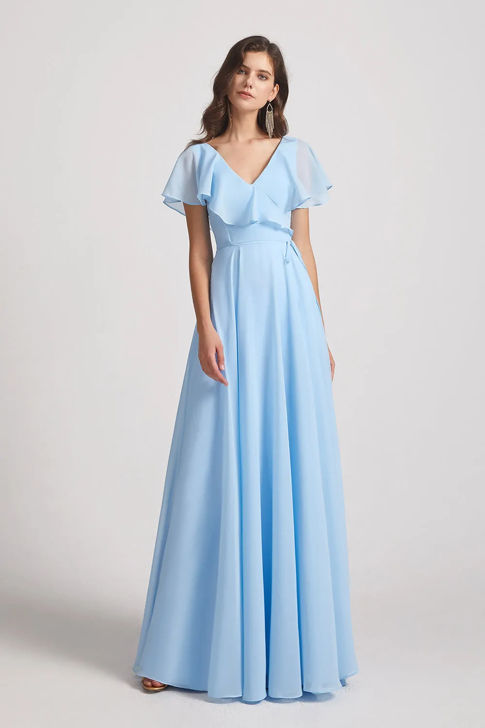 V-Neck Flutter Sleeve Long Chiffon Ruffles Bridesmaid Dresses (AF0169)