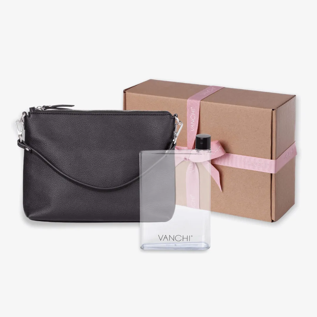 Vegan Leather Everyday Crossbody Bag   Bottle Gift Set - Black