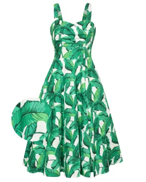 Vintage Leaf Patterns Cocktail Dress Sleeveless Spaghetti Strap Ruched Slit A Line Swing Dress with Pockets