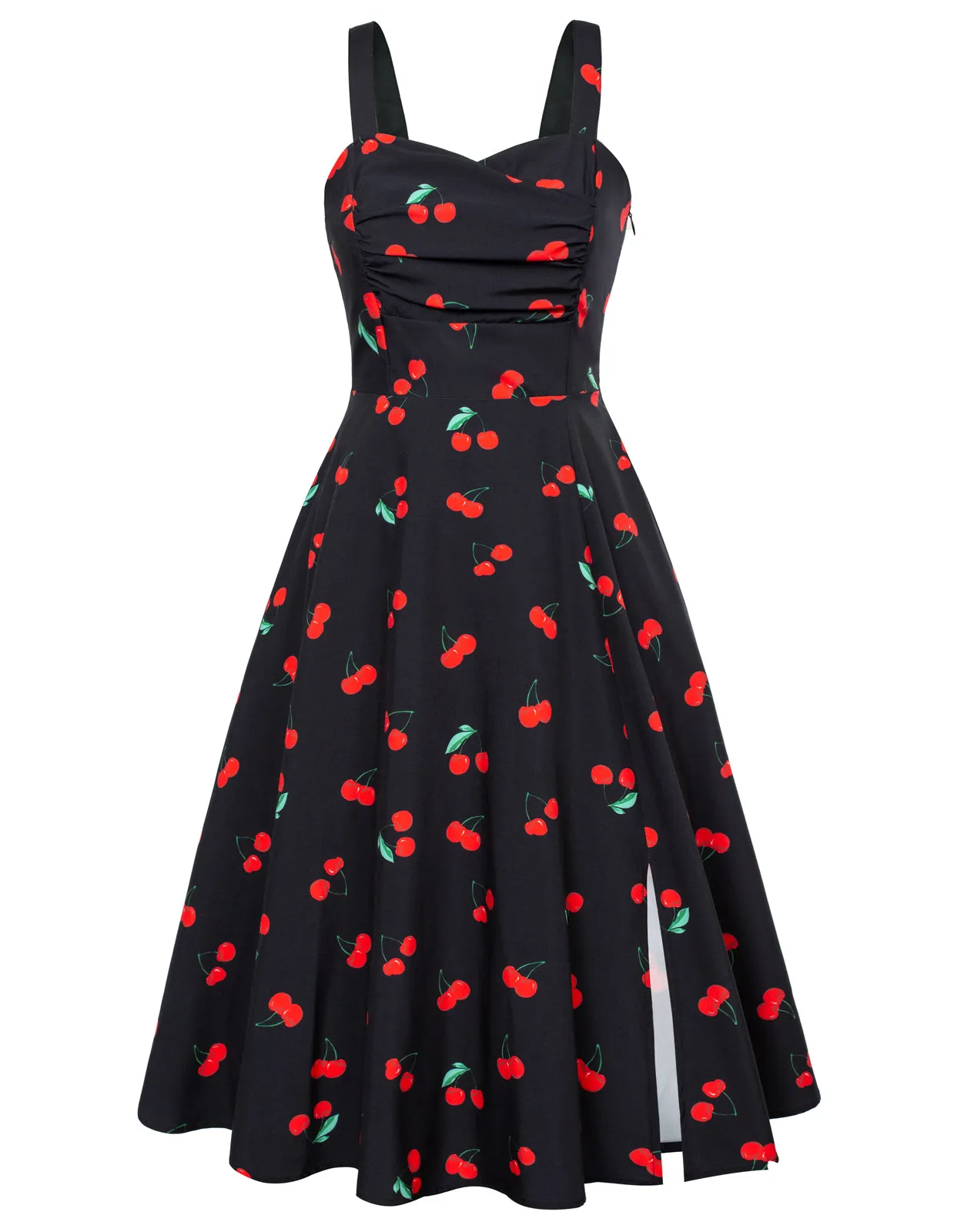 Vintage Leaf Patterns Cocktail Dress Sleeveless Spaghetti Strap Ruched Slit A Line Swing Dress with Pockets