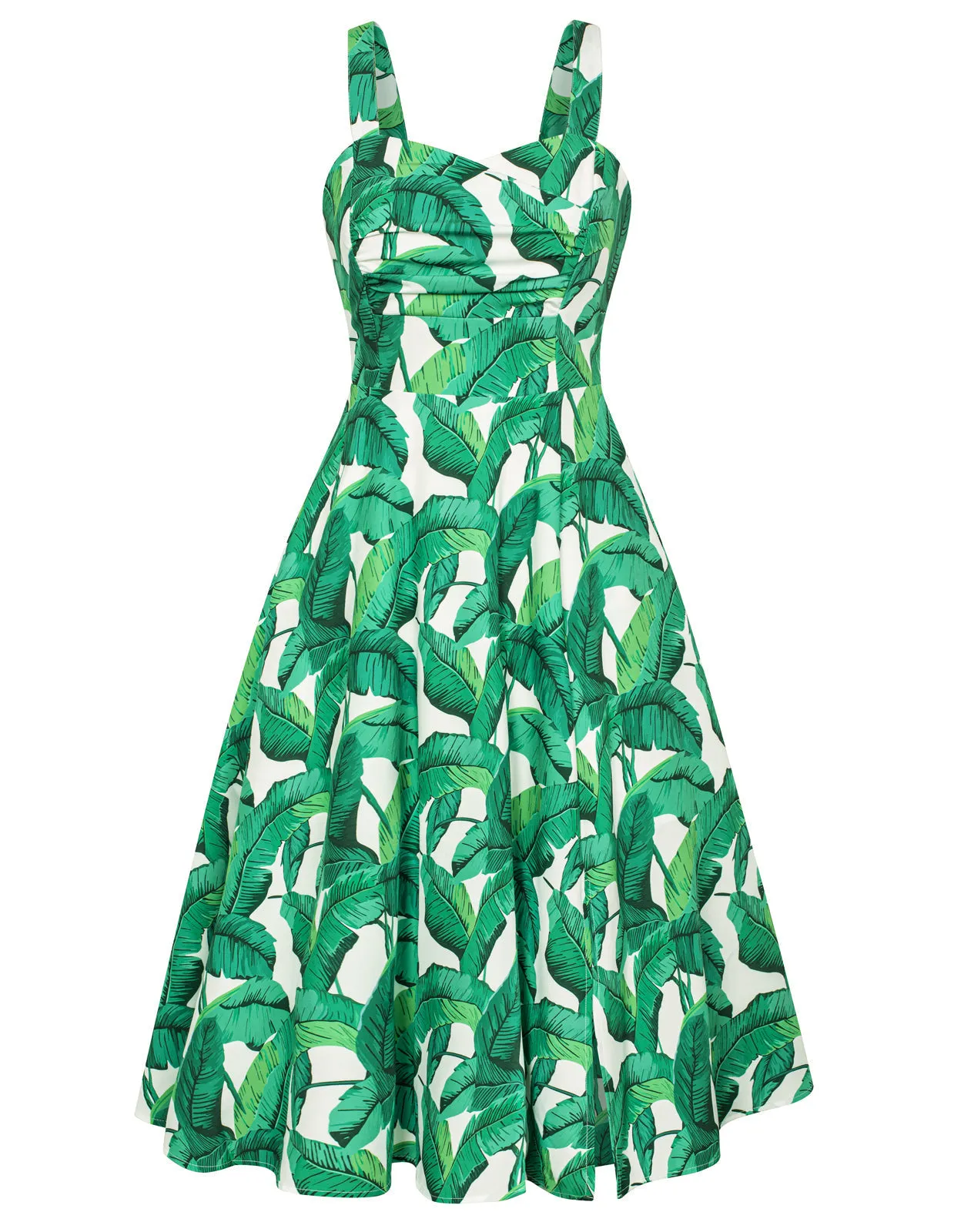 Vintage Leaf Patterns Cocktail Dress Sleeveless Spaghetti Strap Ruched Slit A Line Swing Dress with Pockets