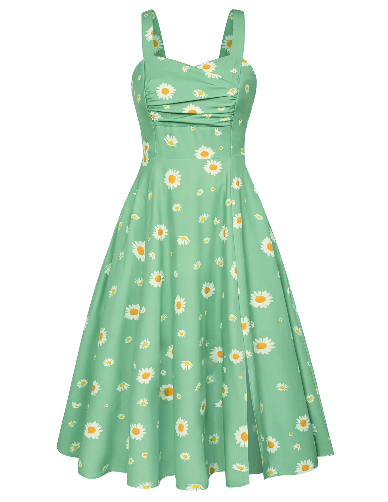 Vintage Leaf Patterns Cocktail Dress Sleeveless Spaghetti Strap Ruched Slit A Line Swing Dress with Pockets