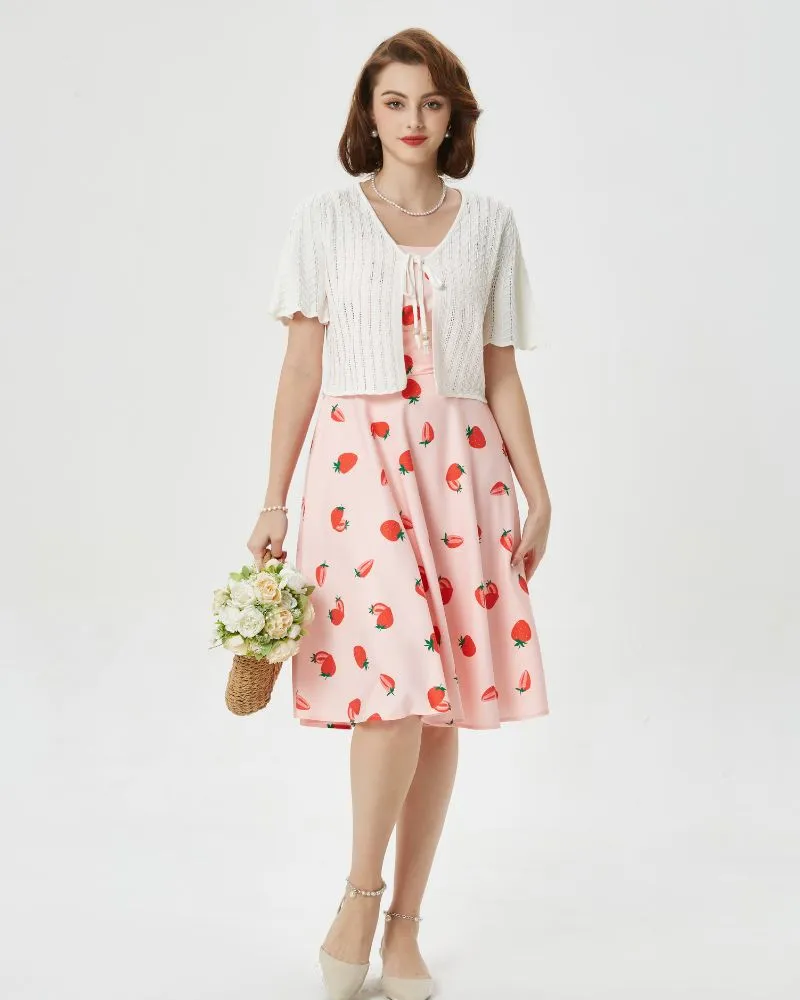 Vintage Leaf Patterns Cocktail Dress Sleeveless Spaghetti Strap Ruched Slit A Line Swing Dress with Pockets