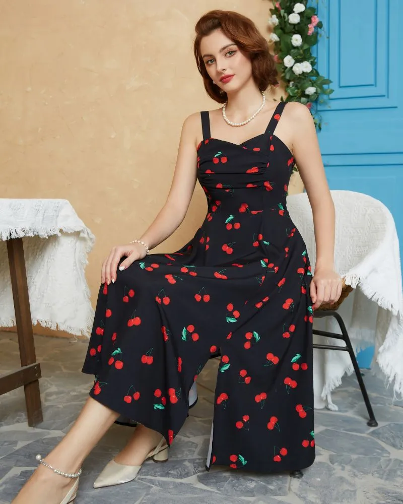 Vintage Leaf Patterns Cocktail Dress Sleeveless Spaghetti Strap Ruched Slit A Line Swing Dress with Pockets