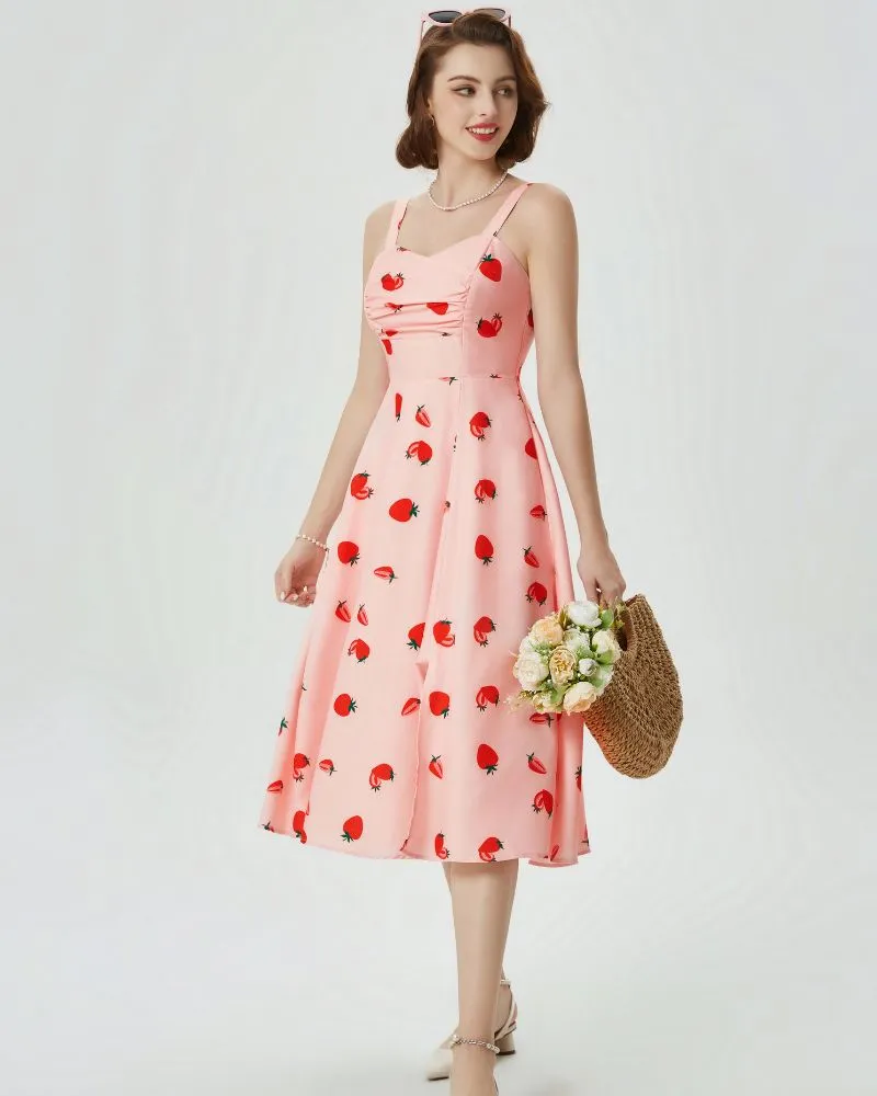 Vintage Leaf Patterns Cocktail Dress Sleeveless Spaghetti Strap Ruched Slit A Line Swing Dress with Pockets