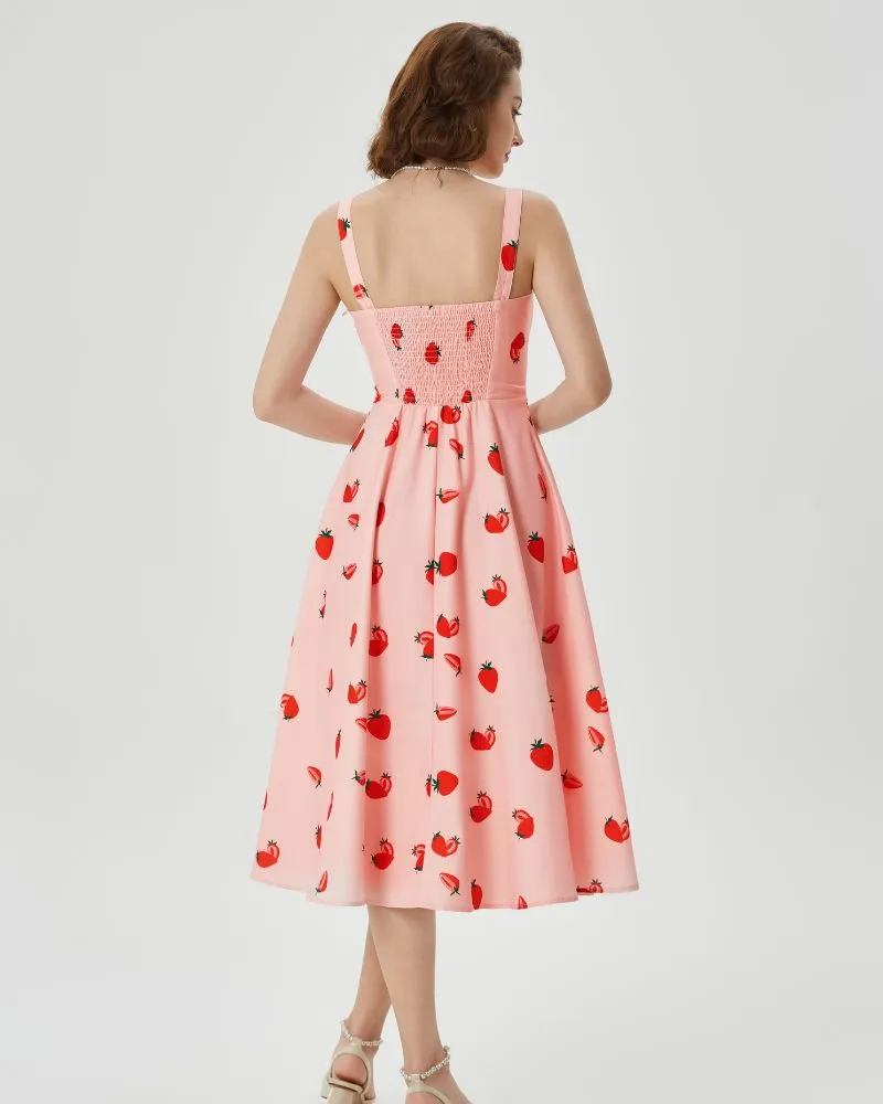 Vintage Leaf Patterns Cocktail Dress Sleeveless Spaghetti Strap Ruched Slit A Line Swing Dress with Pockets