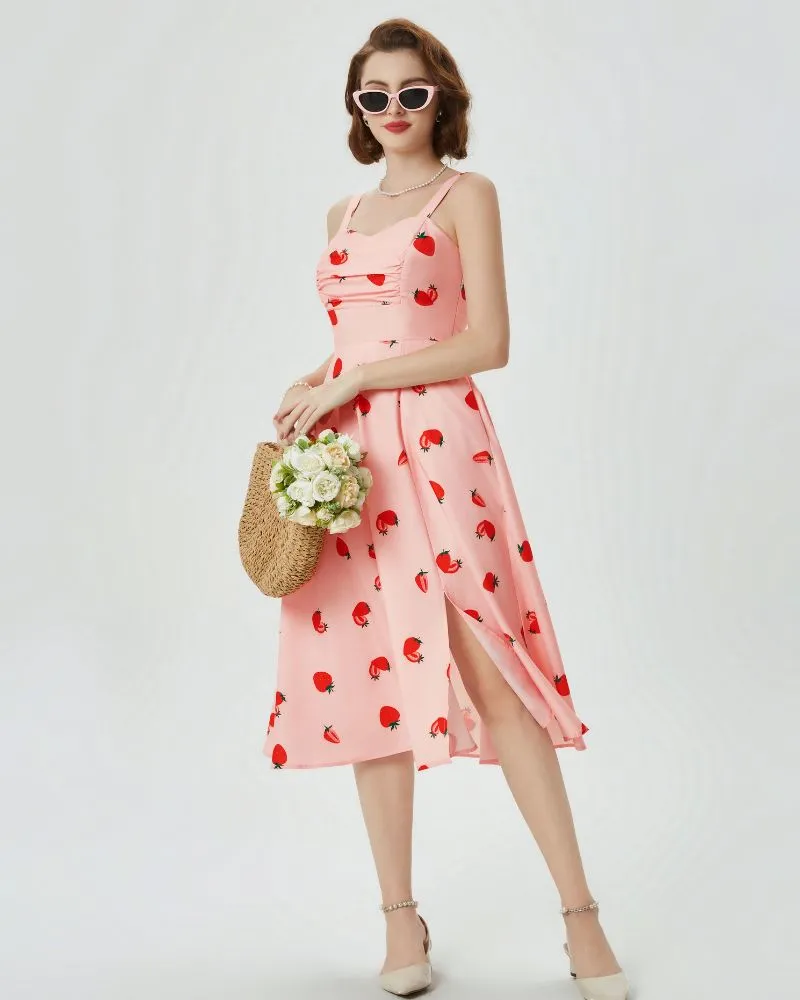 Vintage Leaf Patterns Cocktail Dress Sleeveless Spaghetti Strap Ruched Slit A Line Swing Dress with Pockets