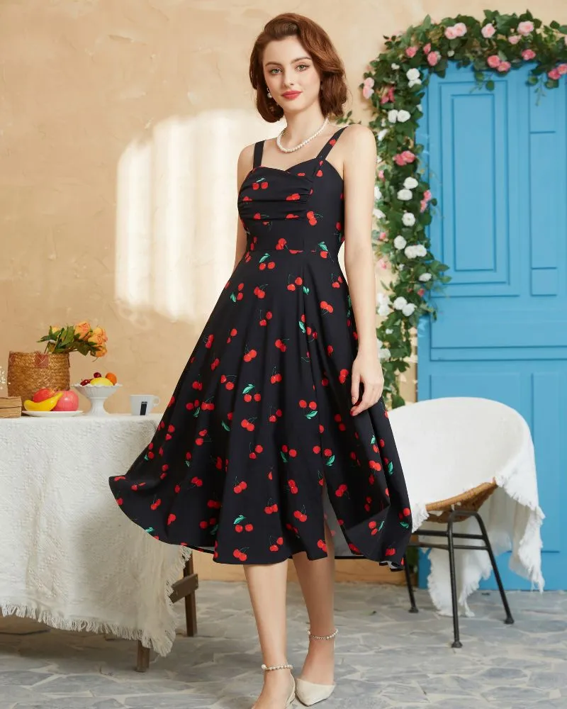 Vintage Leaf Patterns Cocktail Dress Sleeveless Spaghetti Strap Ruched Slit A Line Swing Dress with Pockets