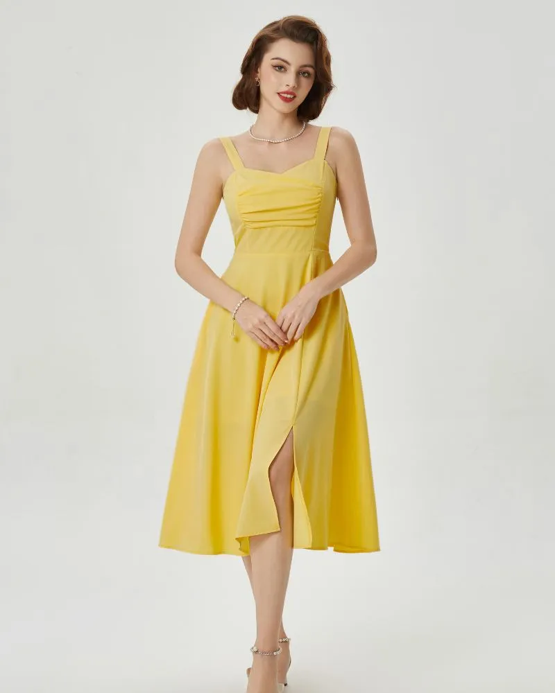 Vintage Leaf Patterns Cocktail Dress Sleeveless Spaghetti Strap Ruched Slit A Line Swing Dress with Pockets