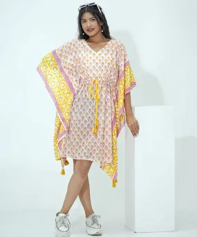 White yellow hand block printed modal kaftan